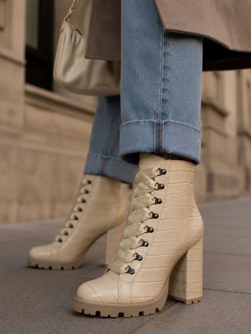 SCHUTZ Zhara Croc Embossed Leather Platform Lug Sole Ankle Boots Ivory Cream 9.5